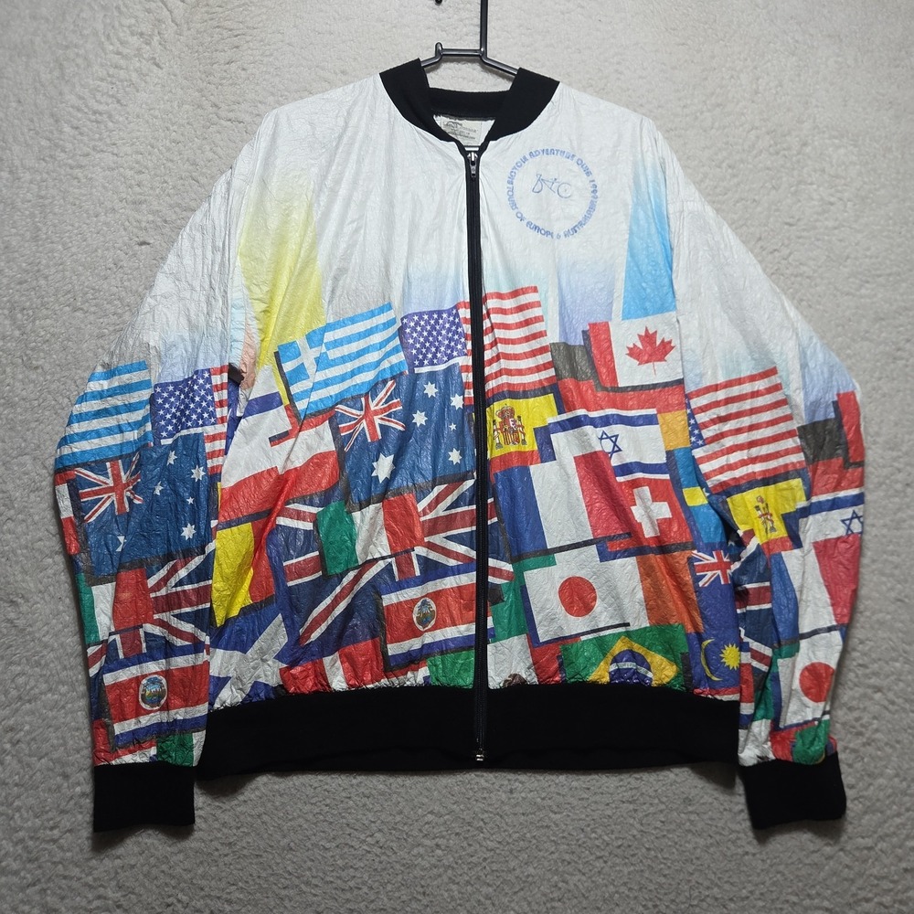 VTG 1999 Leslie Jordan Tyvek Jacket Bicycle Adventure Club Size Large AOP Flags